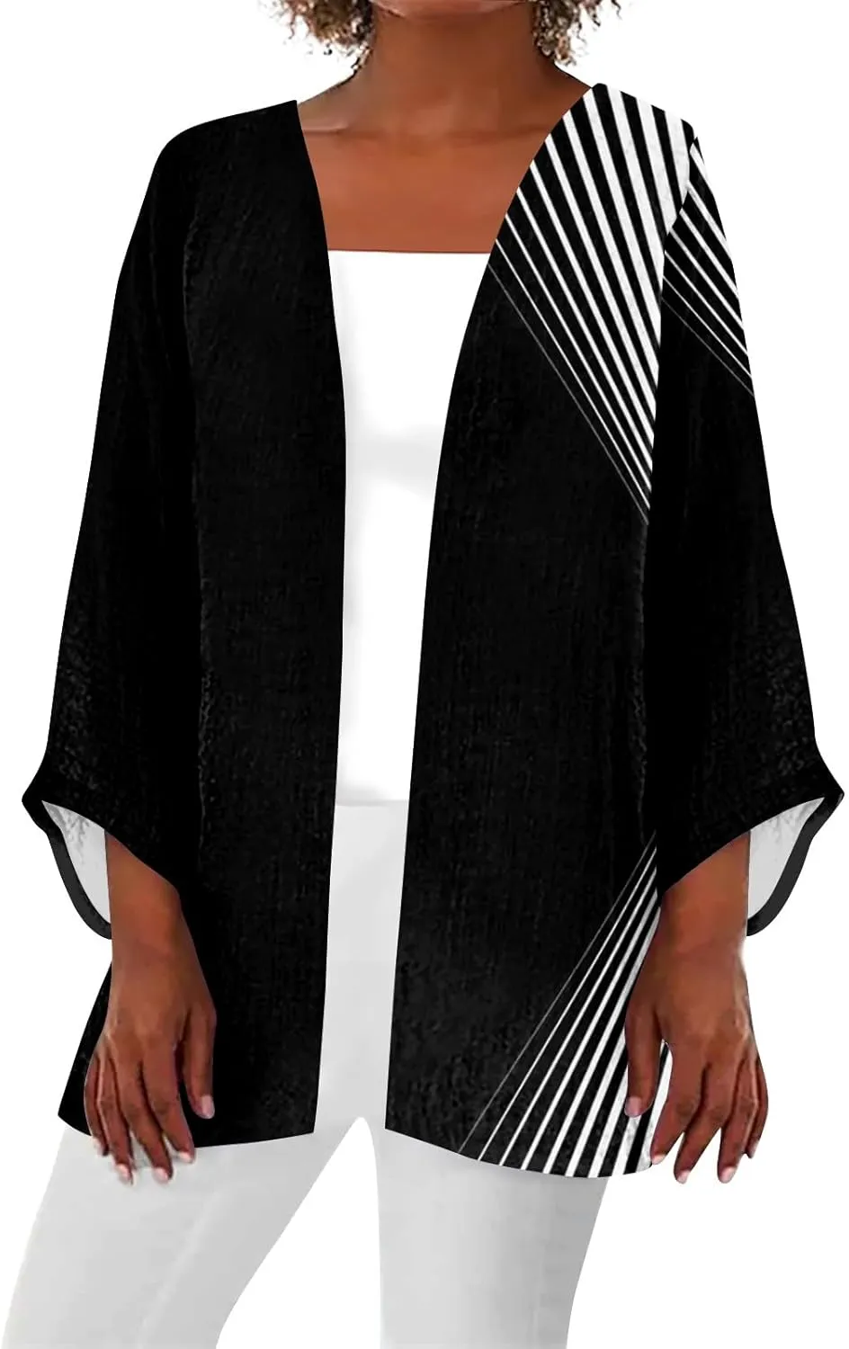 FlekmanArt Kimonos for Women Casual Print 3/4 Sleeve Open Front Cardigan Casual Loose Lightweight Trendy Flowy Dressy Jacket