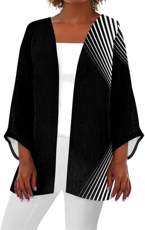 FlekmanArt Kimonos for Women Casual Print 3/4 Sleeve Open Front Cardigan Casual Loose Lightweight Trendy Flowy Dressy Jacket