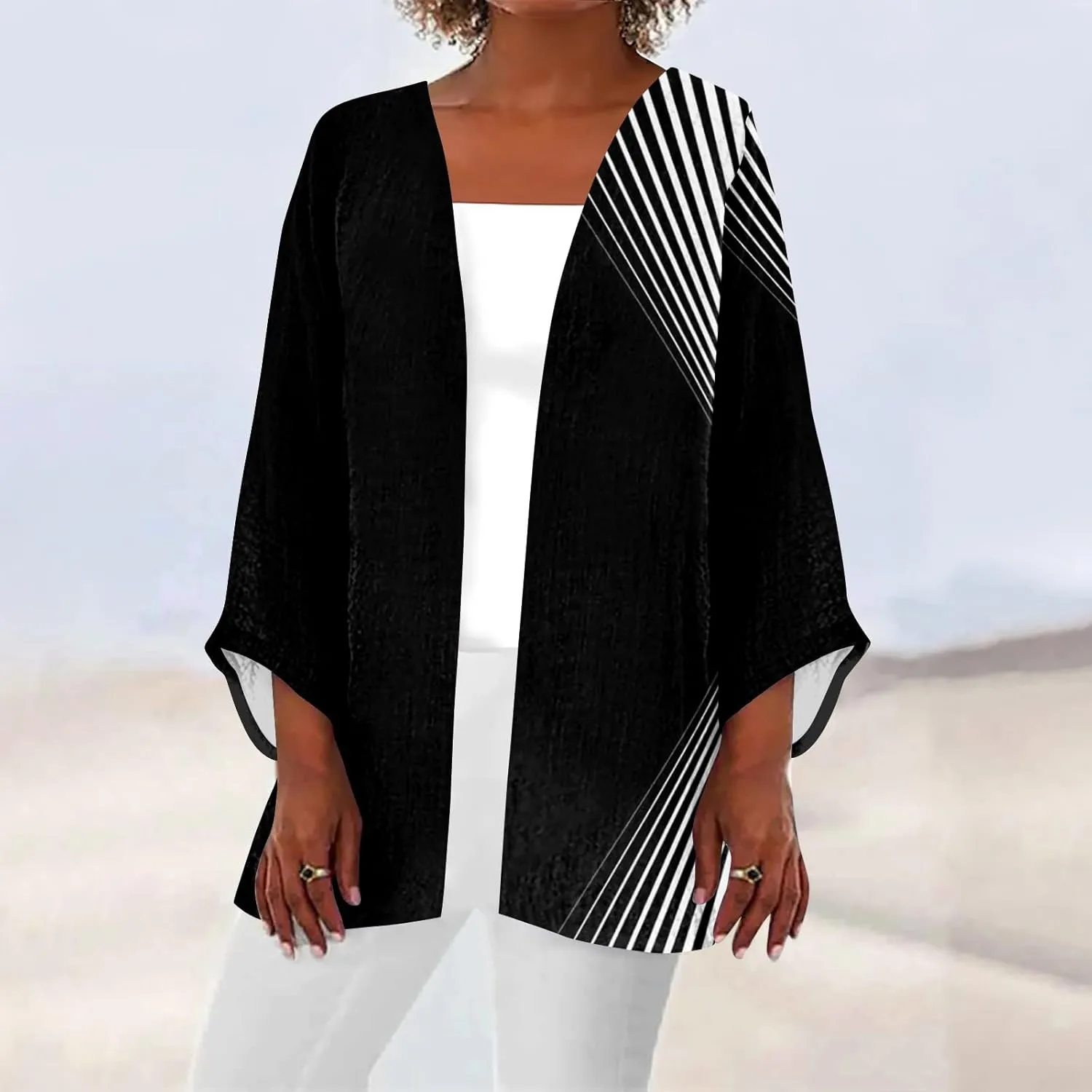 FlekmanArt Kimonos for Women Casual Print 3/4 Sleeve Open Front Cardigan Casual Loose Lightweight Trendy Flowy Dressy Jacket
