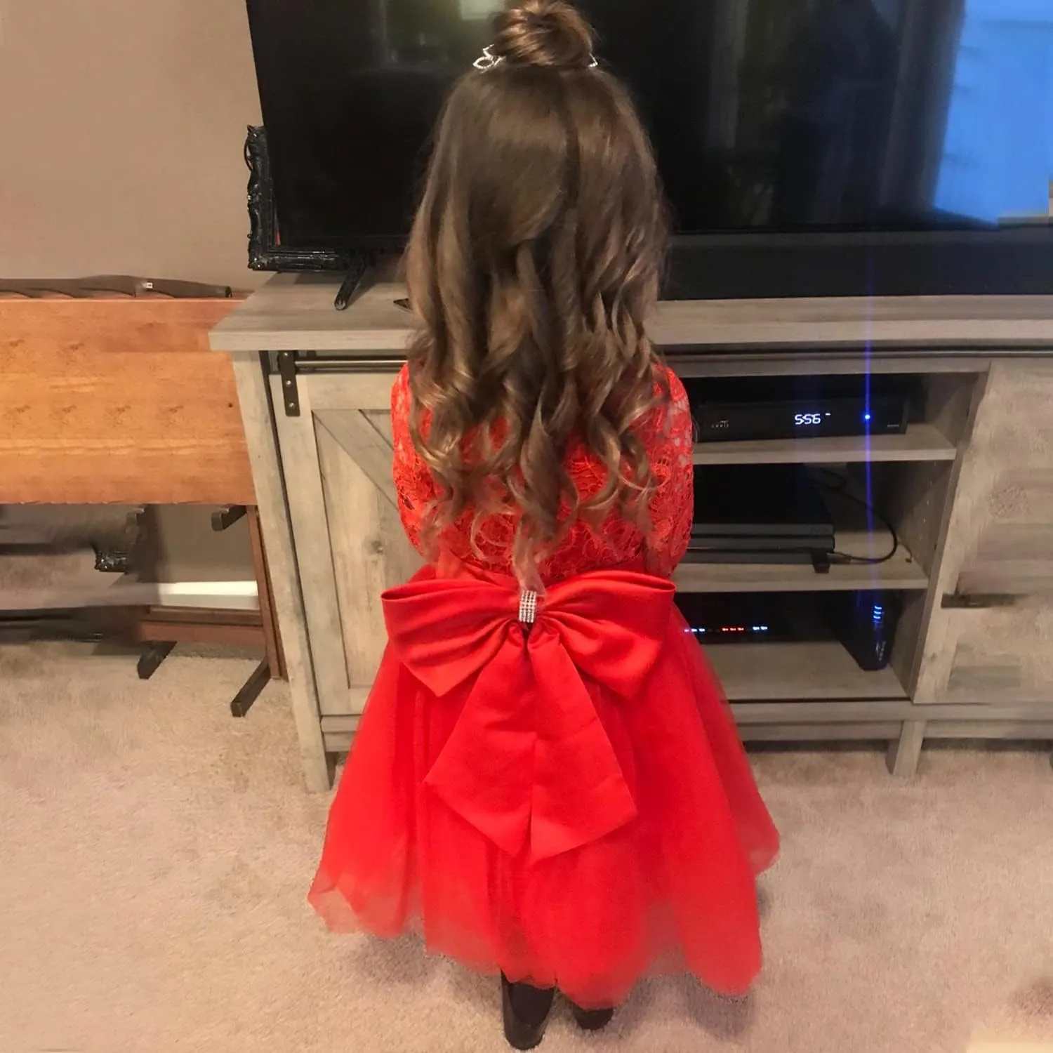 Flower Girl Dress Long Sleeves Lace Top Tulle Skirt Girls Lace Party Dresses