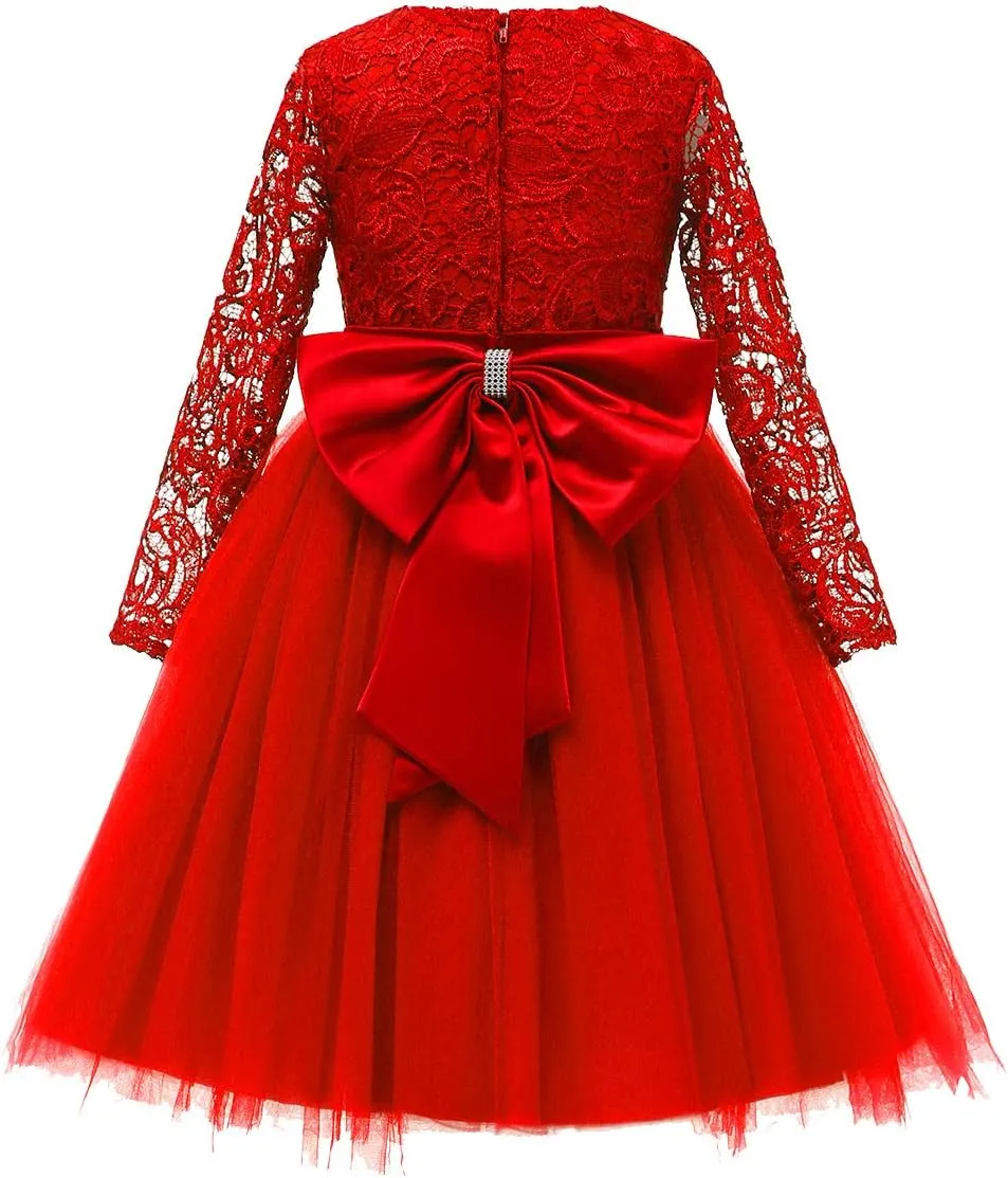 Flower Girl Dress Long Sleeves Lace Top Tulle Skirt Girls Lace Party Dresses