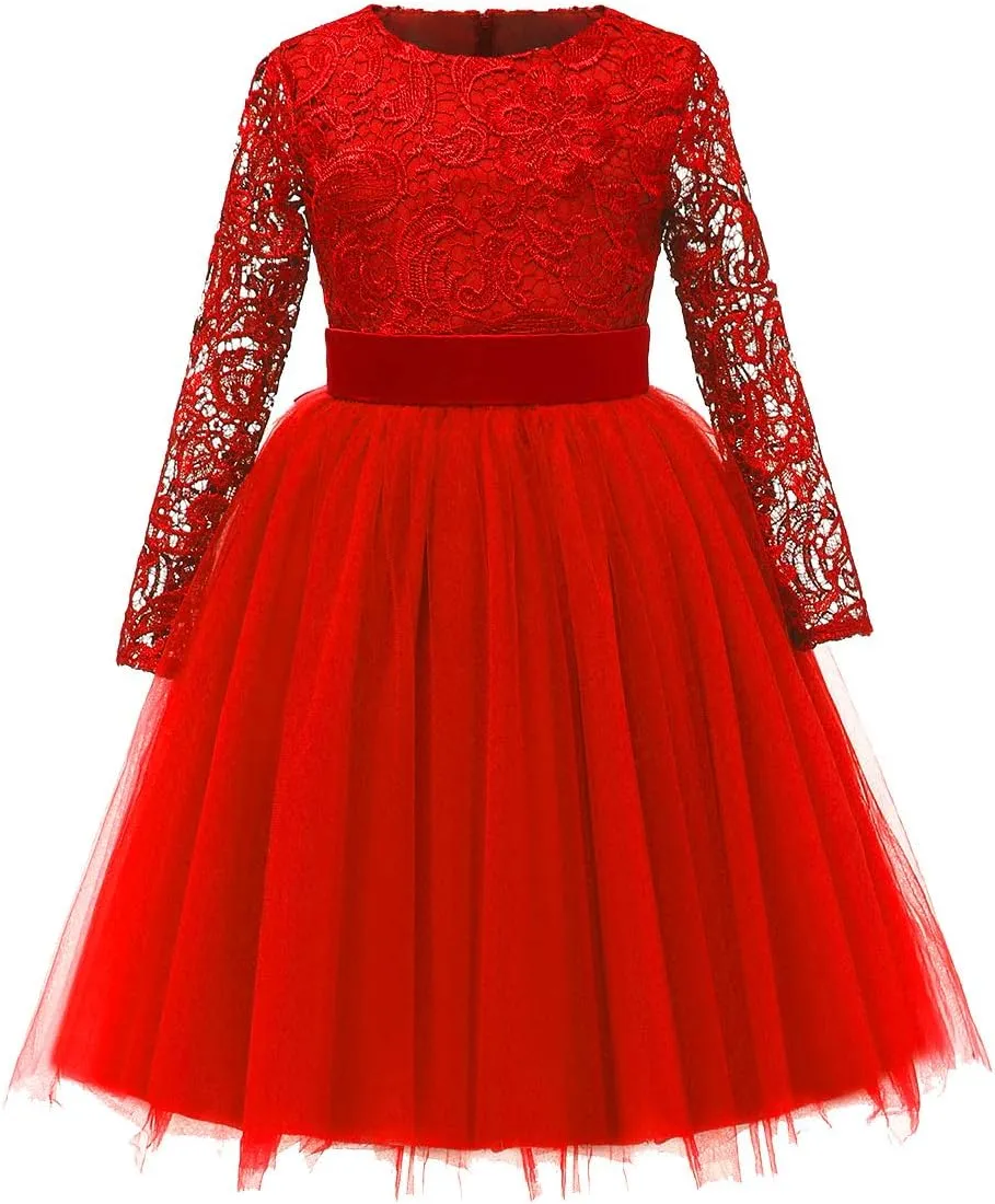 Flower Girl Dress Long Sleeves Lace Top Tulle Skirt Girls Lace Party Dresses