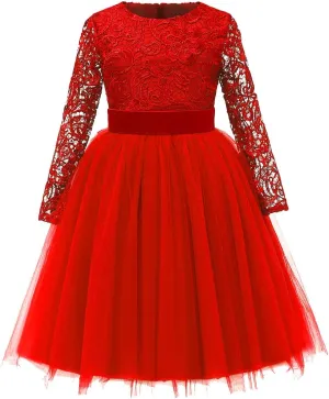 Flower Girl Dress Long Sleeves Lace Top Tulle Skirt Girls Lace Party Dresses