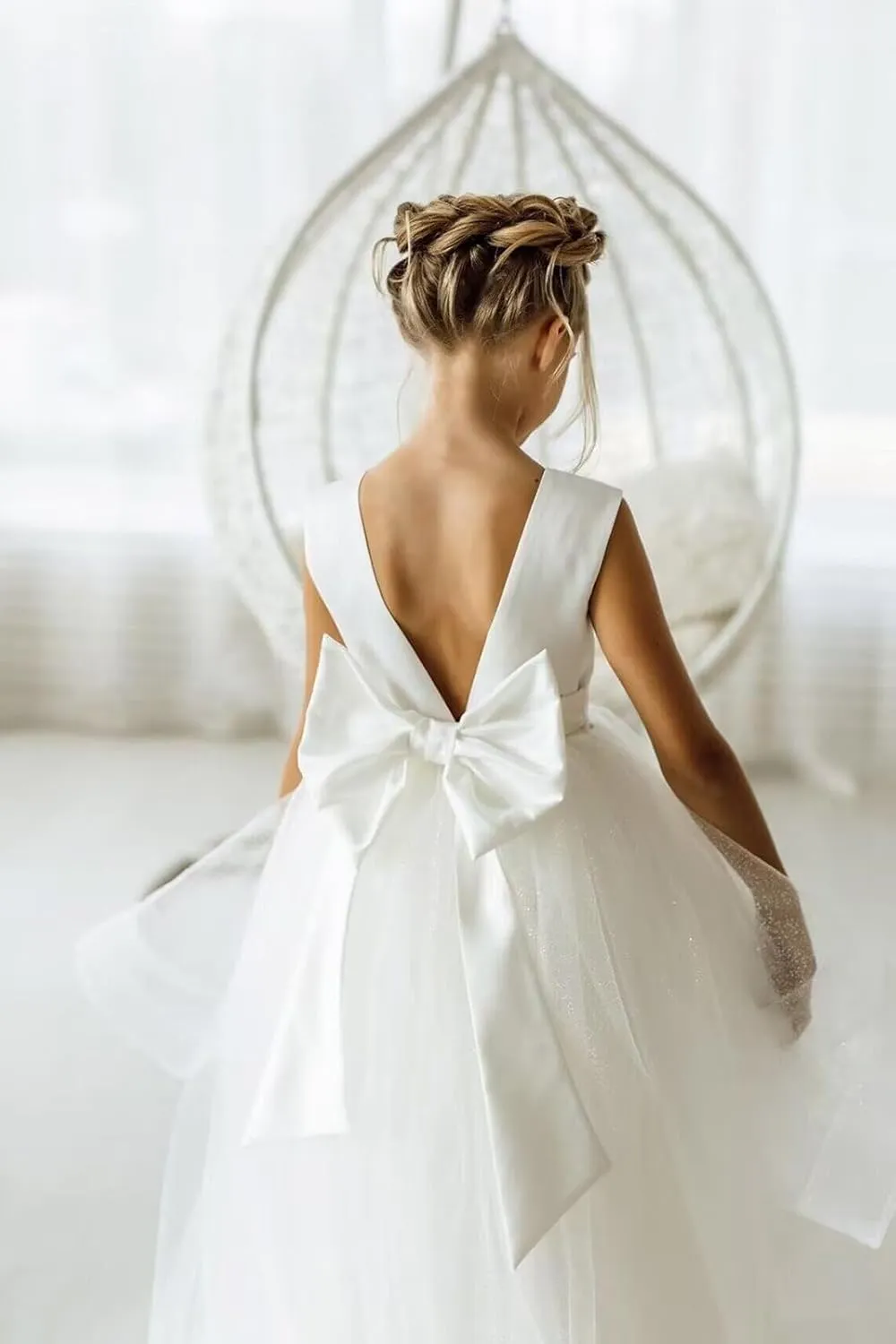 Flower Girls Dress for Wedding Satin Tulle Pageant Formal Communion Dress Pearls Prom Ball Gown with Bow-Knot