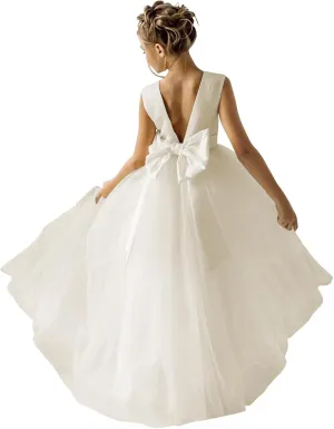 Flower Girls Dress for Wedding Satin Tulle Pageant Formal Communion Dress Pearls Prom Ball Gown with Bow-Knot