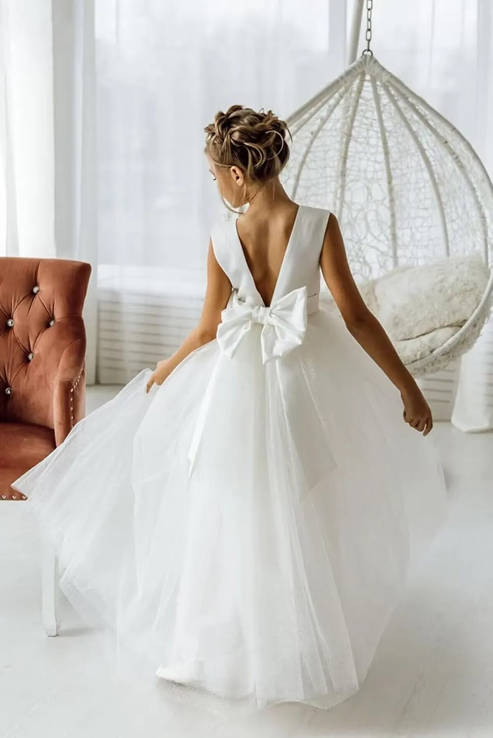 Flower Girls Dress for Wedding Satin Tulle Pageant Formal Communion Dress Pearls Prom Ball Gown with Bow-Knot