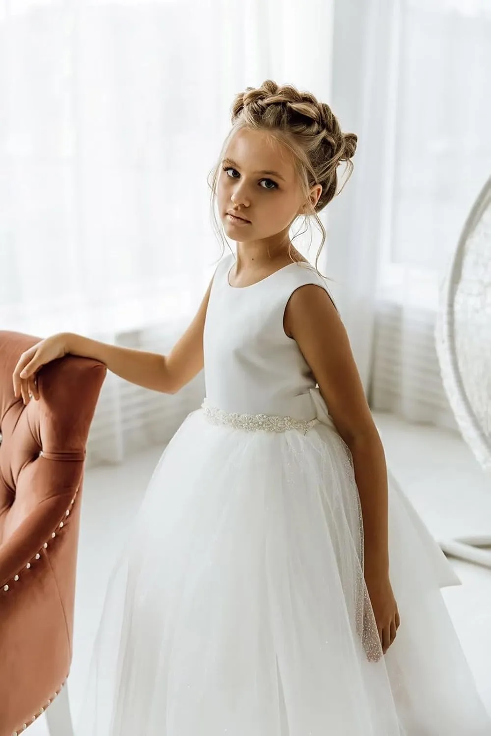 Flower Girls Dress for Wedding Satin Tulle Pageant Formal Communion Dress Pearls Prom Ball Gown with Bow-Knot
