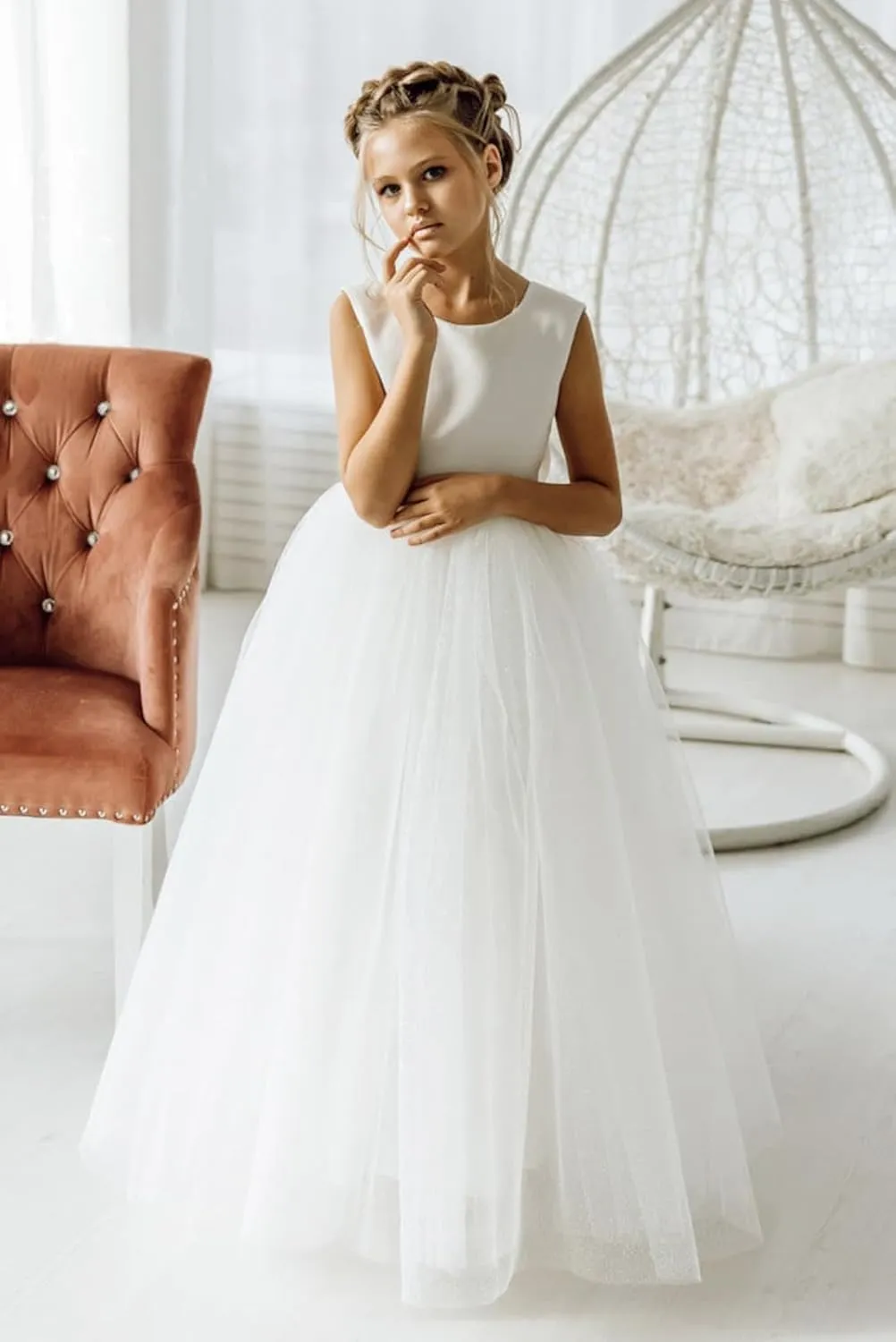 Flower Girls Dress for Wedding Satin Tulle Pageant Formal Communion Dress Pearls Prom Ball Gown with Bow-Knot