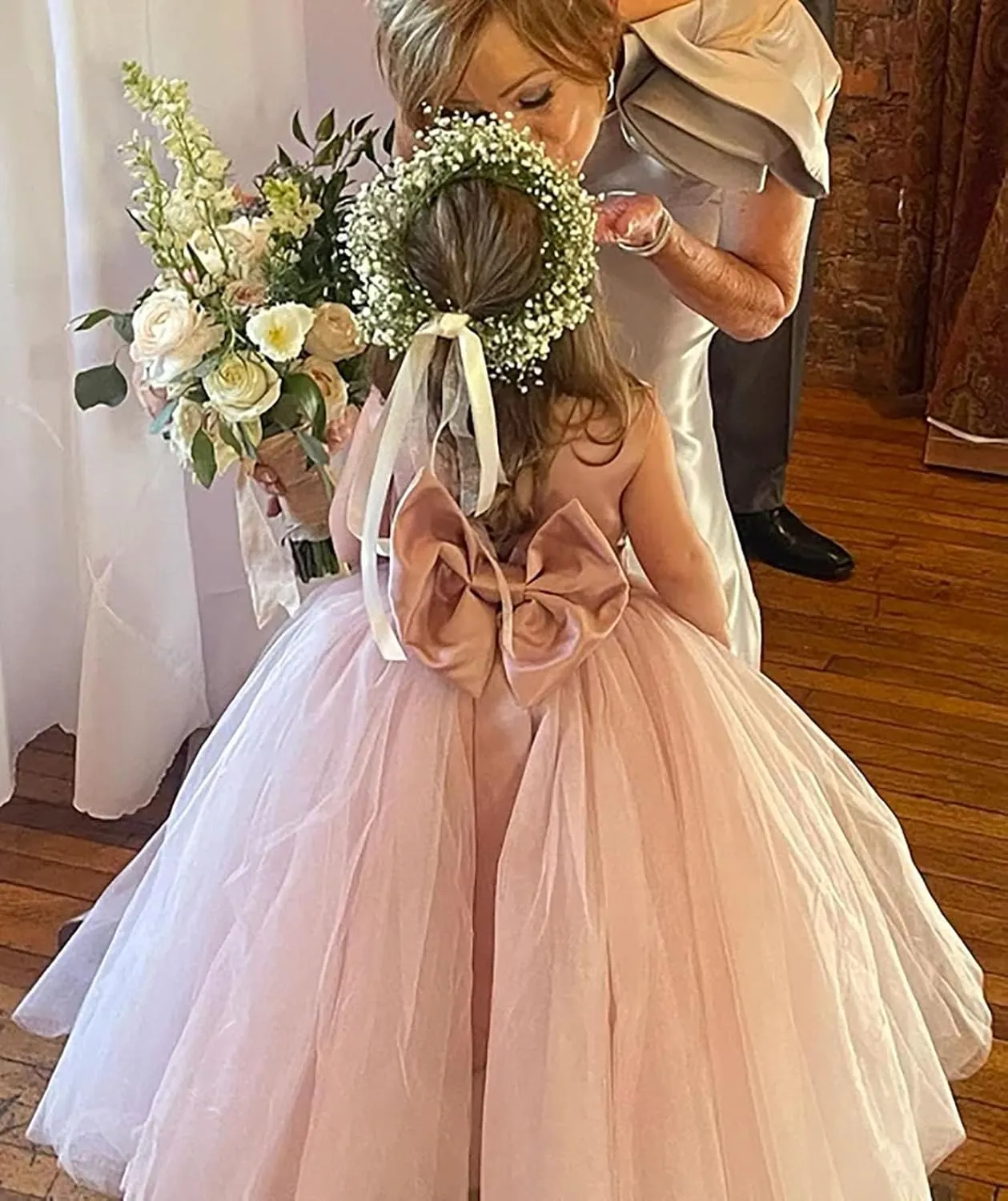 Flower Girls Dress for Wedding Satin Tulle Pageant Formal Communion Dress Pearls Prom Ball Gown with Bow-Knot