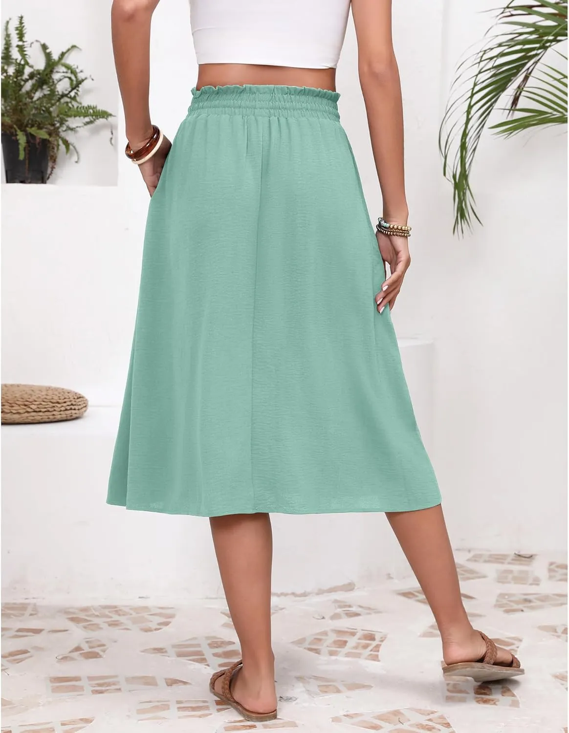 Flowy Skirt Midi Length High Waist Skirts for Women Below Knee with Pockets 2024 Women Fashion Trendy