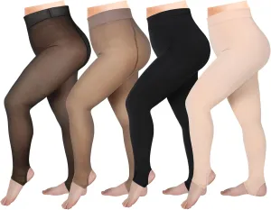 Foaincore 4 Pairs Plus Size Fleece Lined Tights Women Thermal Translucent Leggings Winter Sheer Tights for Women