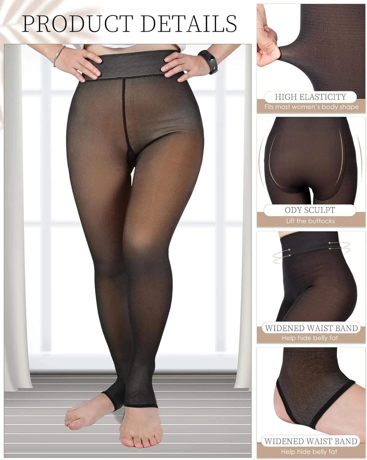 Foaincore 4 Pairs Plus Size Fleece Lined Tights Women Thermal Translucent Leggings Winter Sheer Tights for Women