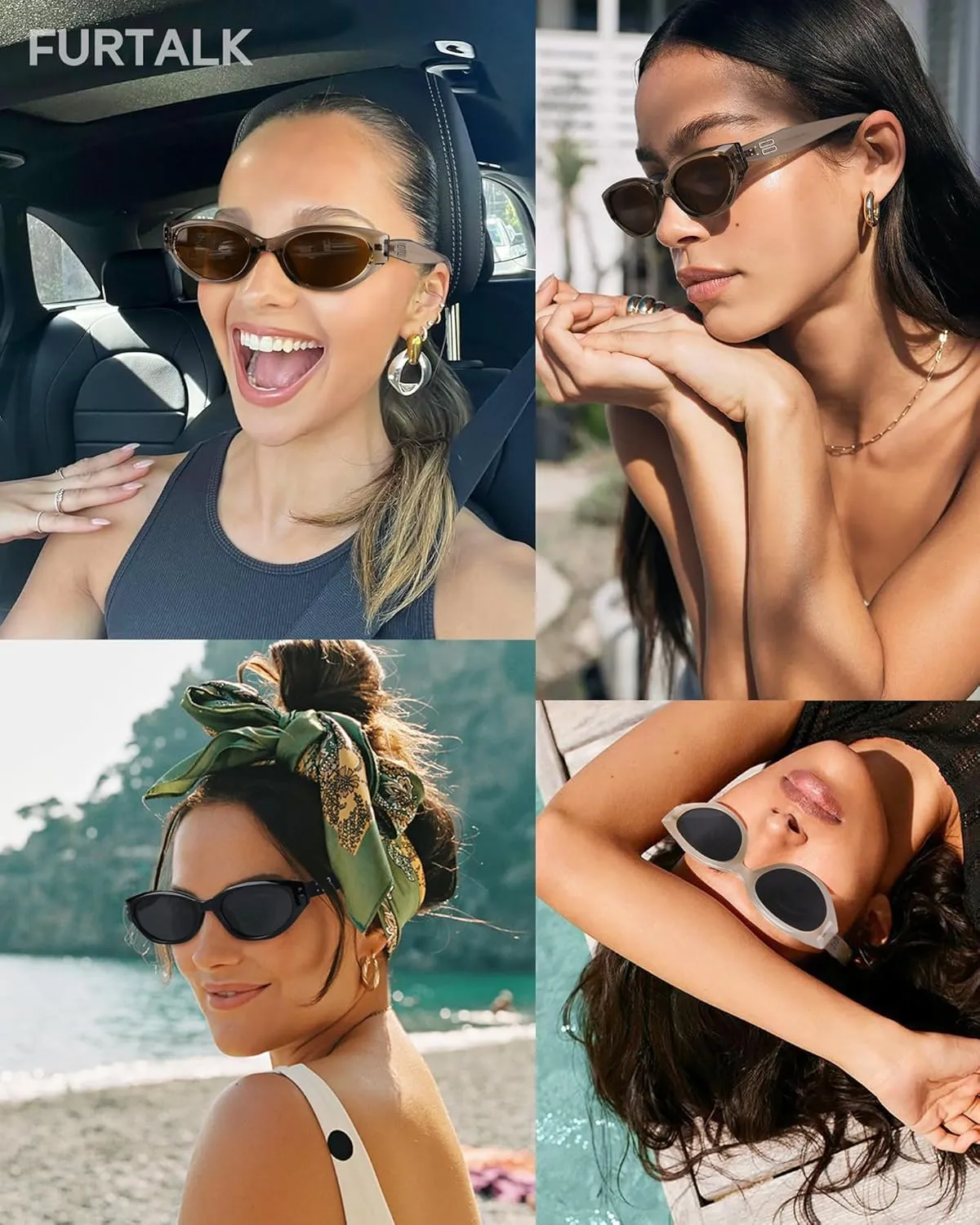 FURTALK Oval Sunglasses for Women Men Cat Eye 90s Vintage Trendy Sunnies Polarized UV Protection Sun Glasses FT8207