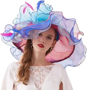 GIBZ Women's Translucent Fascinator Hats Extra Large Brim Tulle 1920s Sun Hat with Flower for Tea Party Church Wedding