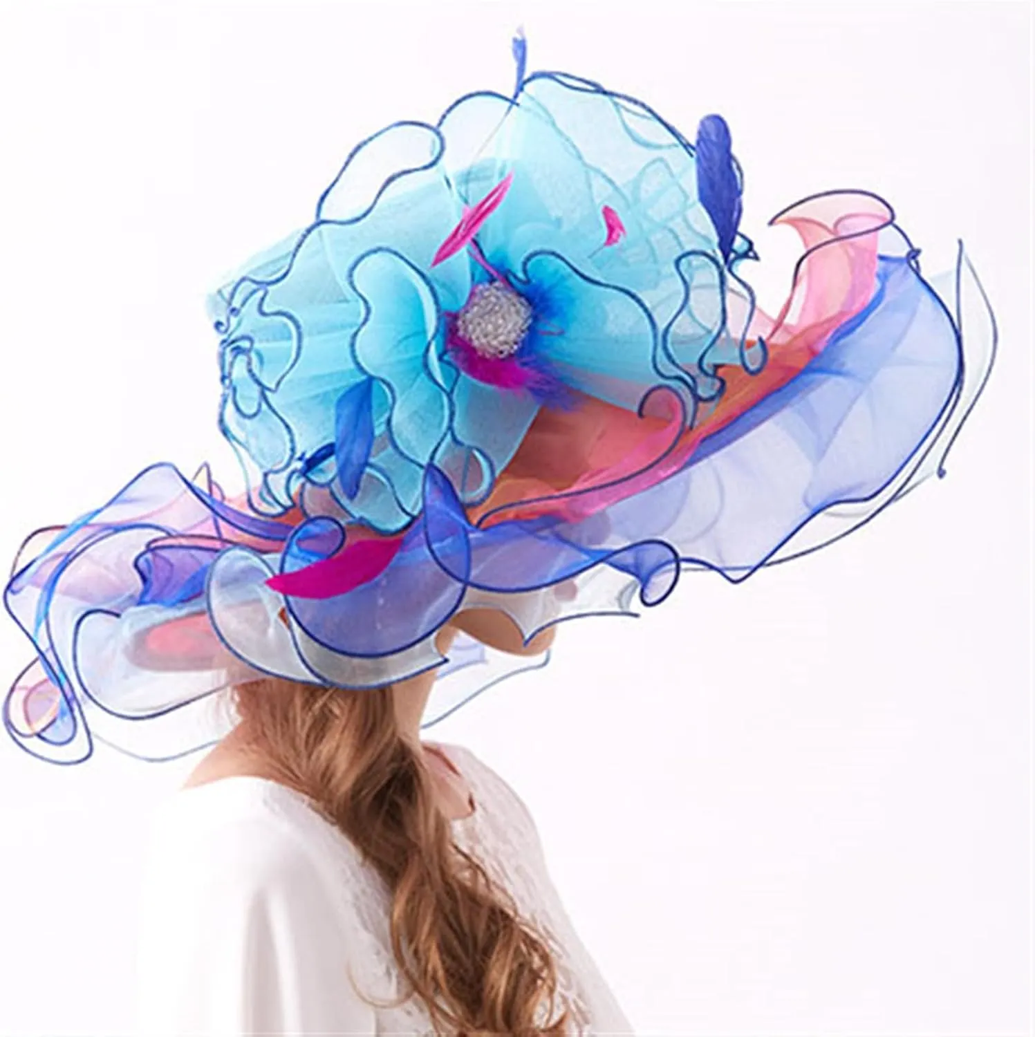 GIBZ Women's Translucent Fascinator Hats Extra Large Brim Tulle 1920s Sun Hat with Flower for Tea Party Church Wedding