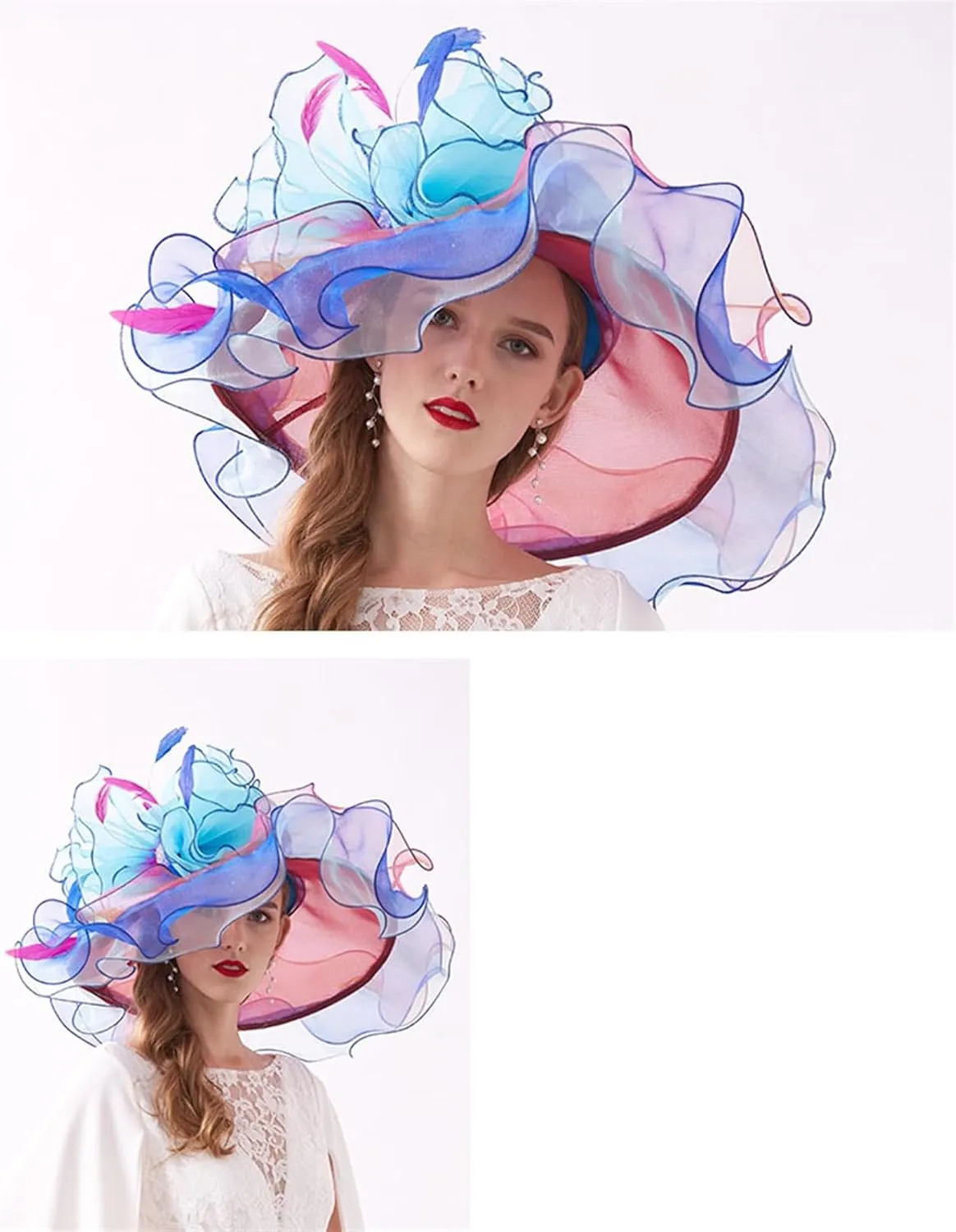 GIBZ Women's Translucent Fascinator Hats Extra Large Brim Tulle 1920s Sun Hat with Flower for Tea Party Church Wedding