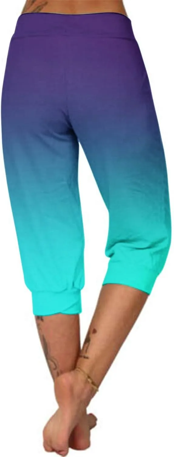 Gradient Capri Pants for Women Ombre High Waist Stretchy Cropped Leggings Summer Casual Yoga Lounge Bottoms