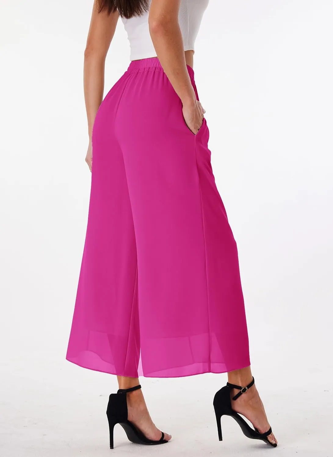 heipeiwa Women's Capris Crop Chiffon Pants Summer Beach Vacation Culottes Casual Dress Wide Leg Palazzo Pants