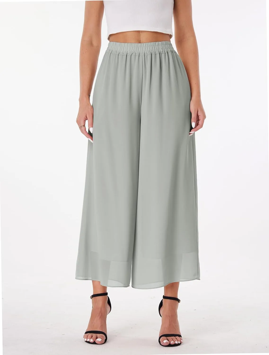 heipeiwa Women's Capris Crop Chiffon Pants Summer Beach Vacation Culottes Casual Dress Wide Leg Palazzo Pants