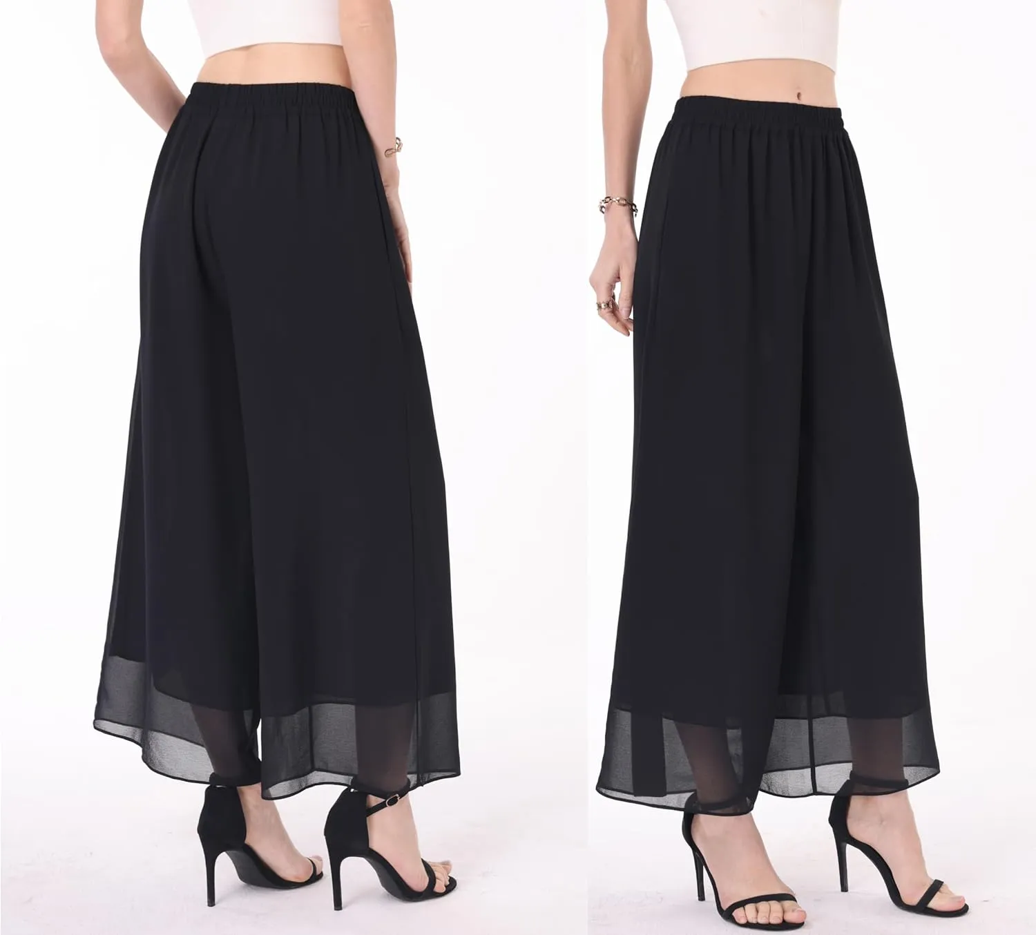 heipeiwa Women's Capris Crop Chiffon Pants Summer Beach Vacation Culottes Casual Dress Wide Leg Palazzo Pants