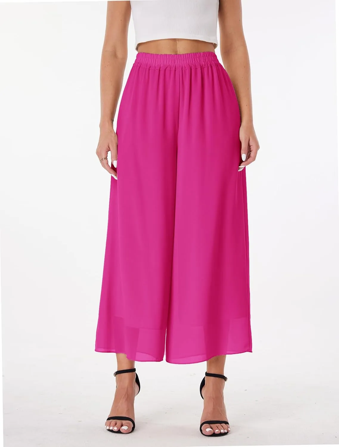 heipeiwa Women's Capris Crop Chiffon Pants Summer Beach Vacation Culottes Casual Dress Wide Leg Palazzo Pants