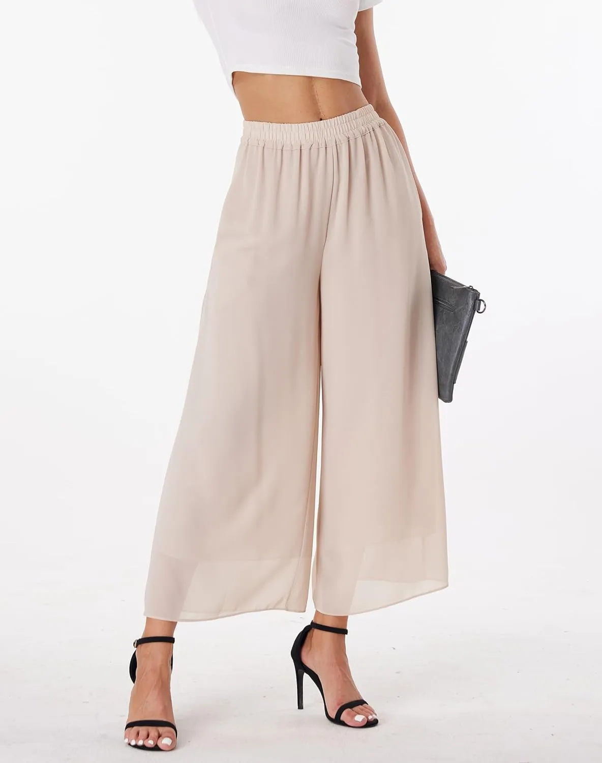 heipeiwa Women's Capris Crop Chiffon Pants Summer Beach Vacation Culottes Casual Dress Wide Leg Palazzo Pants