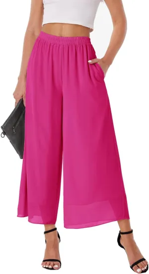 heipeiwa Women's Capris Crop Chiffon Pants Summer Beach Vacation Culottes Casual Dress Wide Leg Palazzo Pants