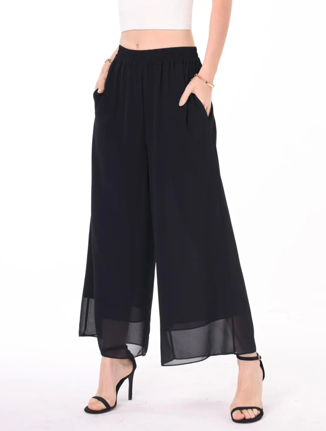 heipeiwa Women's Capris Crop Chiffon Pants Summer Beach Vacation Culottes Casual Dress Wide Leg Palazzo Pants