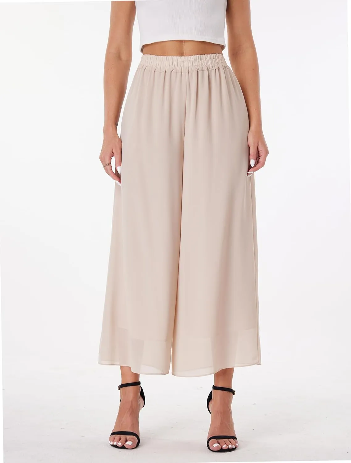 heipeiwa Women's Capris Crop Chiffon Pants Summer Beach Vacation Culottes Casual Dress Wide Leg Palazzo Pants