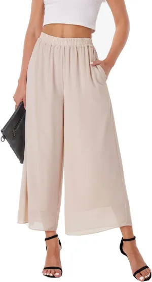 heipeiwa Women's Capris Crop Chiffon Pants Summer Beach Vacation Culottes Casual Dress Wide Leg Palazzo Pants