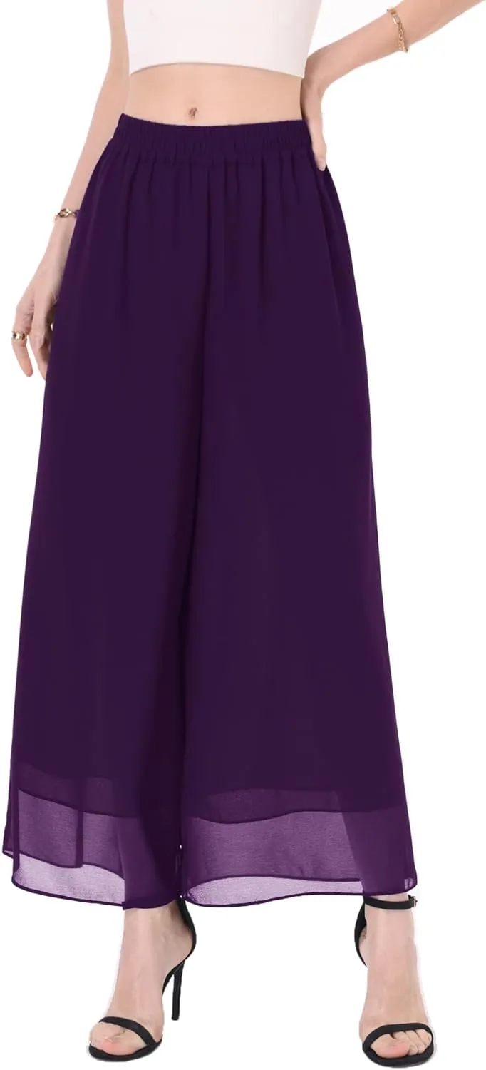 heipeiwa Women's Capris Crop Chiffon Pants Summer Beach Vacation Culottes Casual Dress Wide Leg Palazzo Pants