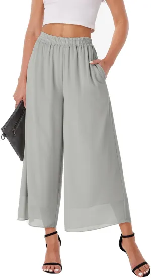 heipeiwa Women's Capris Crop Chiffon Pants Summer Beach Vacation Culottes Casual Dress Wide Leg Palazzo Pants