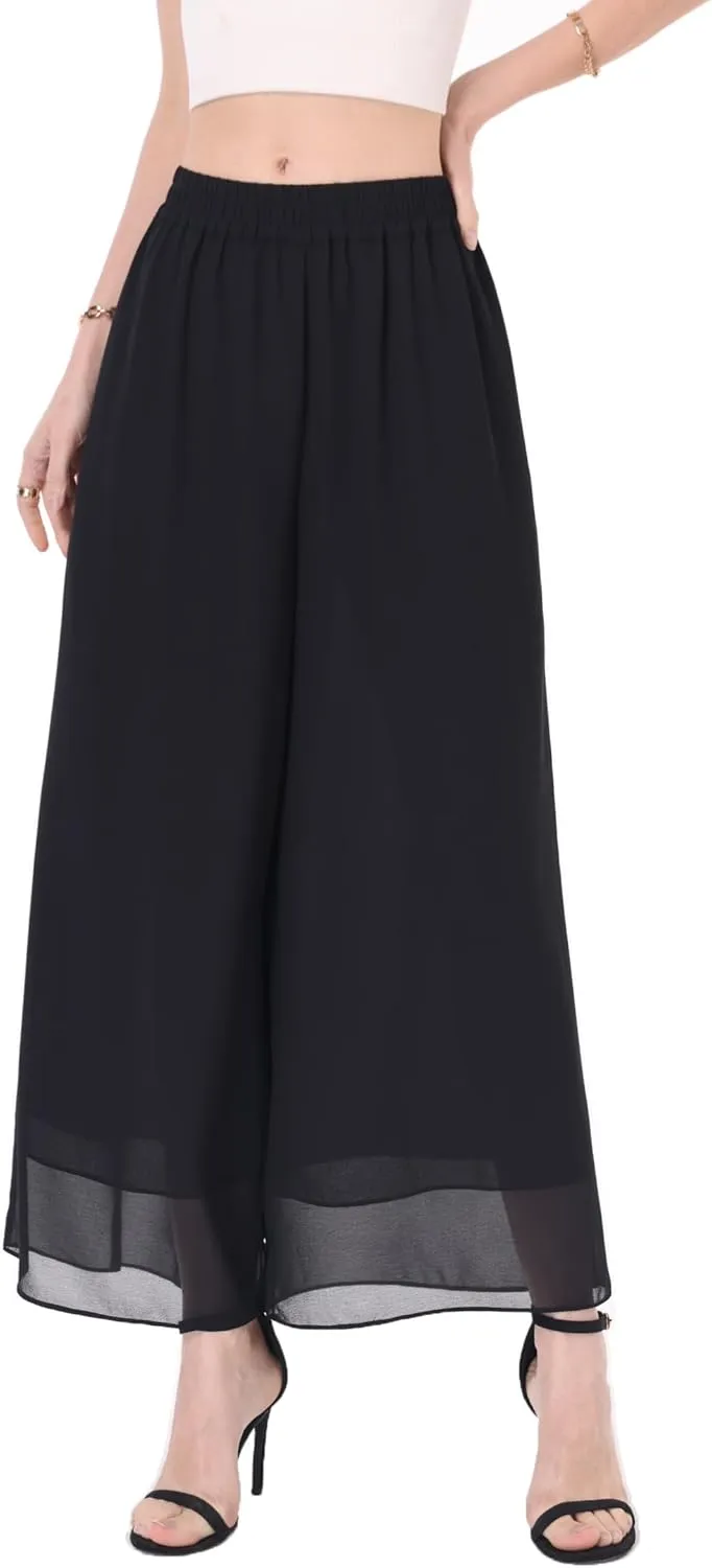 heipeiwa Women's Capris Crop Chiffon Pants Summer Beach Vacation Culottes Casual Dress Wide Leg Palazzo Pants