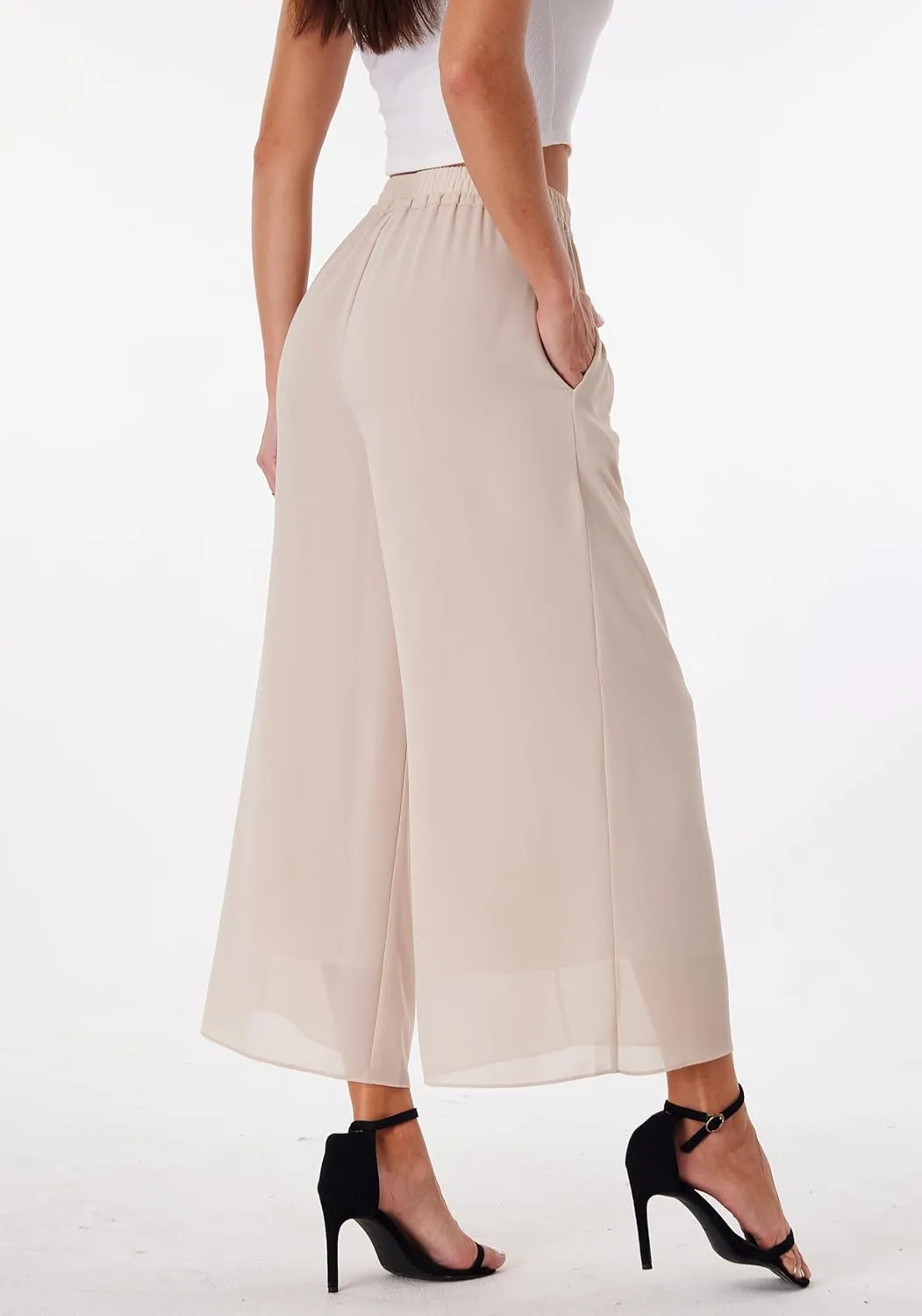 heipeiwa Women's Capris Crop Chiffon Pants Summer Beach Vacation Culottes Casual Dress Wide Leg Palazzo Pants