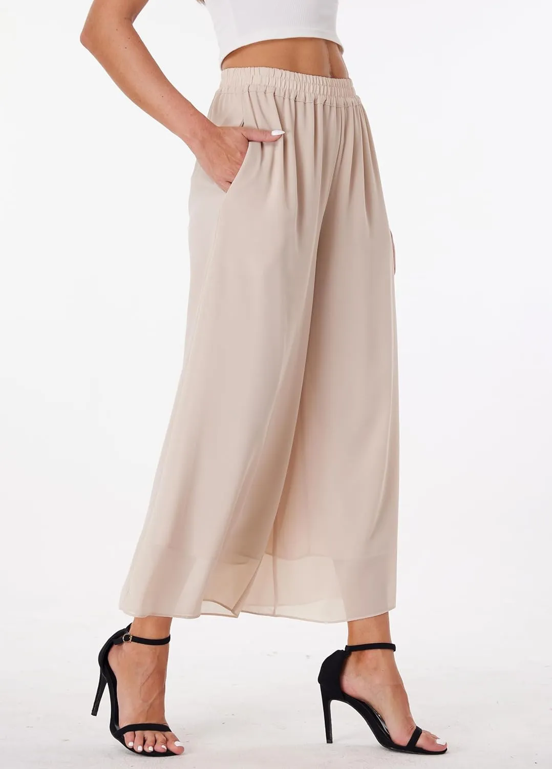 heipeiwa Women's Capris Crop Chiffon Pants Summer Beach Vacation Culottes Casual Dress Wide Leg Palazzo Pants