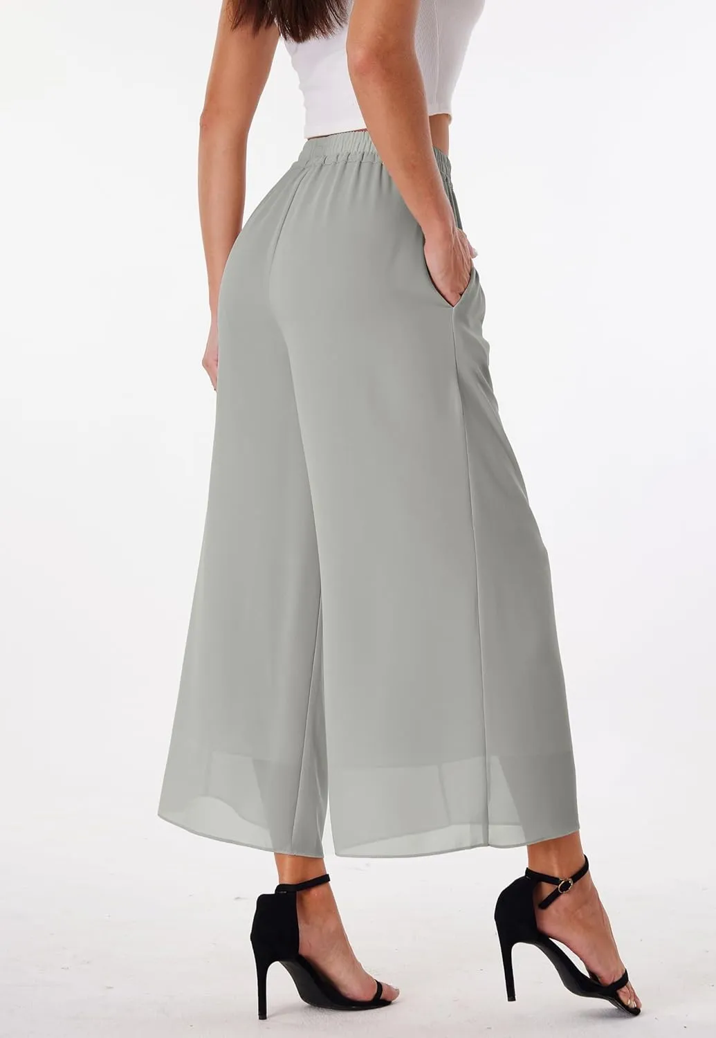 heipeiwa Women's Capris Crop Chiffon Pants Summer Beach Vacation Culottes Casual Dress Wide Leg Palazzo Pants