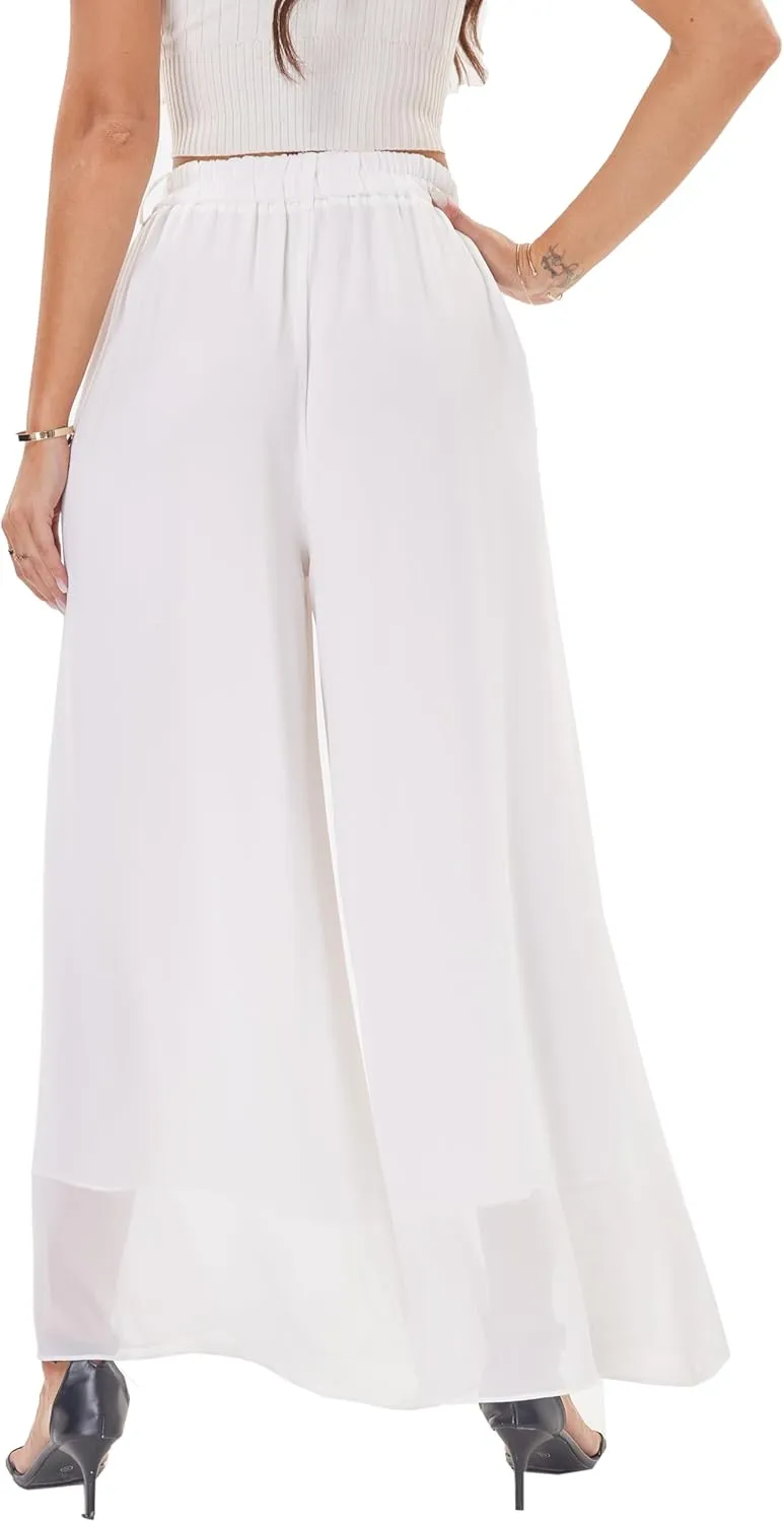heipeiwa Women's Chiffon Wide Leg Palazzo Pants Flowy Casual Beach Party Dress Long Pants Trouser