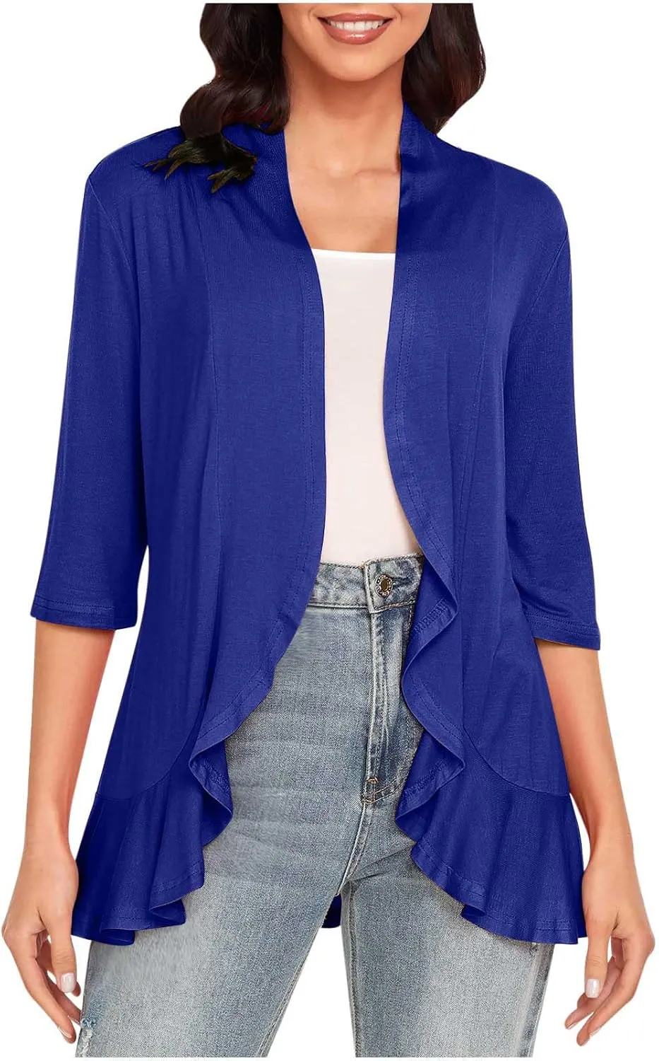HGps8w 3/4 Sleeve Cardigan for Women Open Front Lightweight Drape Ruffles Irregular Hem Casual Solid Cover Up Going Out Tops