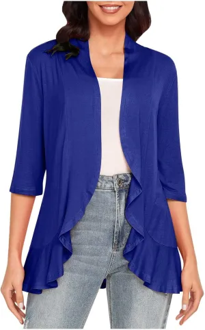 HGps8w 3/4 Sleeve Cardigan for Women Open Front Lightweight Drape Ruffles Irregular Hem Casual Solid Cover Up Going Out Tops