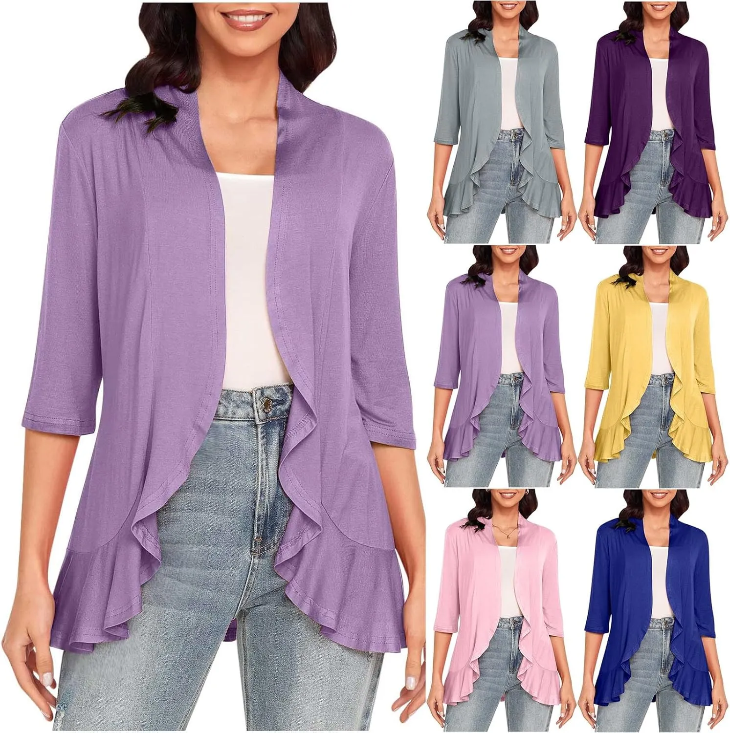 HGps8w 3/4 Sleeve Cardigan for Women Open Front Lightweight Drape Ruffles Irregular Hem Casual Solid Cover Up Going Out Tops