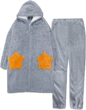 HGps8w Women's Fuzzy Fleece Winter Pajama Sets - Cute Star Long Fuffy Hoodie Jacket with Plush Pants Lounge Pjs Sleepwear