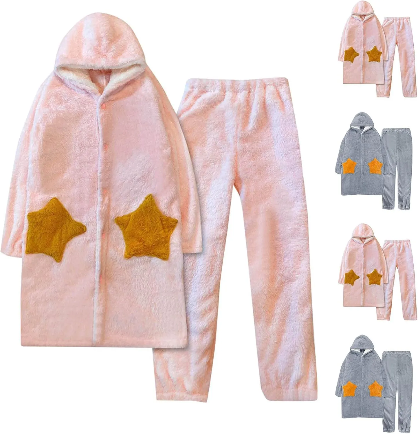 HGps8w Women's Fuzzy Fleece Winter Pajama Sets - Cute Star Long Fuffy Hoodie Jacket with Plush Pants Lounge Pjs Sleepwear