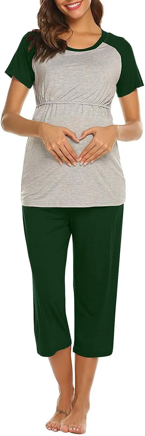 HGps8w Women's Summer Short Sleeve Pajamas Color Block Breastfeeding Nursing Top Capri Pants Sleepwear Soft Pjs Lounge Sets