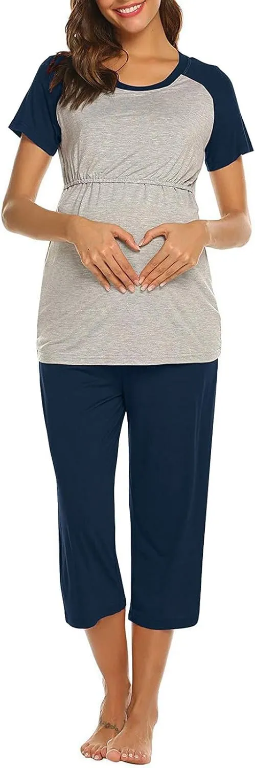 HGps8w Women's Summer Short Sleeve Pajamas Color Block Breastfeeding Nursing Top Capri Pants Sleepwear Soft Pjs Lounge Sets