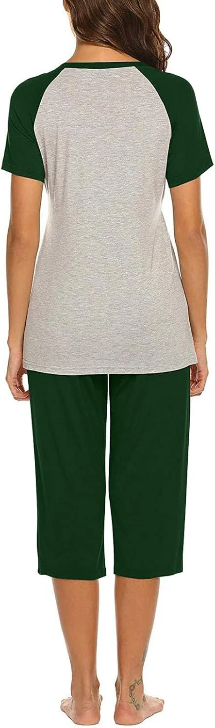 HGps8w Women's Summer Short Sleeve Pajamas Color Block Breastfeeding Nursing Top Capri Pants Sleepwear Soft Pjs Lounge Sets