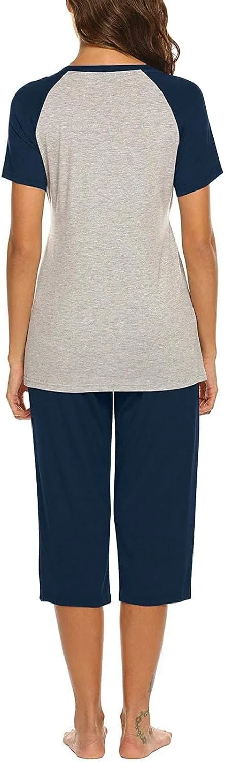 HGps8w Women's Summer Short Sleeve Pajamas Color Block Breastfeeding Nursing Top Capri Pants Sleepwear Soft Pjs Lounge Sets