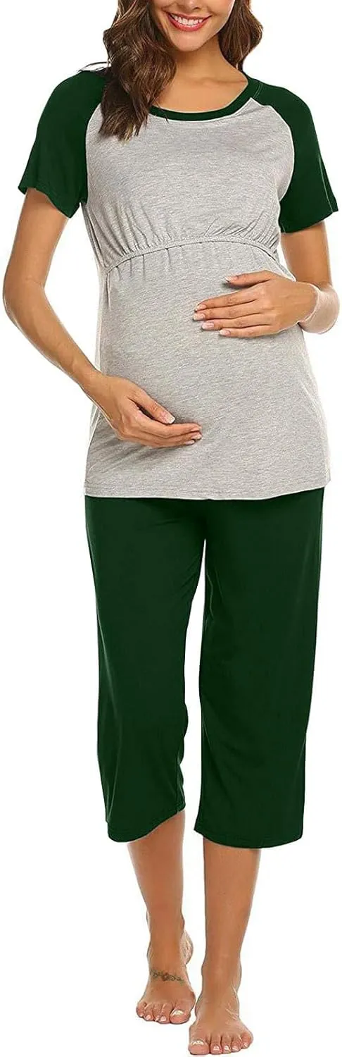 HGps8w Women's Summer Short Sleeve Pajamas Color Block Breastfeeding Nursing Top Capri Pants Sleepwear Soft Pjs Lounge Sets
