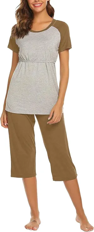 HGps8w Women's Summer Short Sleeve Pajamas Color Block Breastfeeding Nursing Top Capri Pants Sleepwear Soft Pjs Lounge Sets