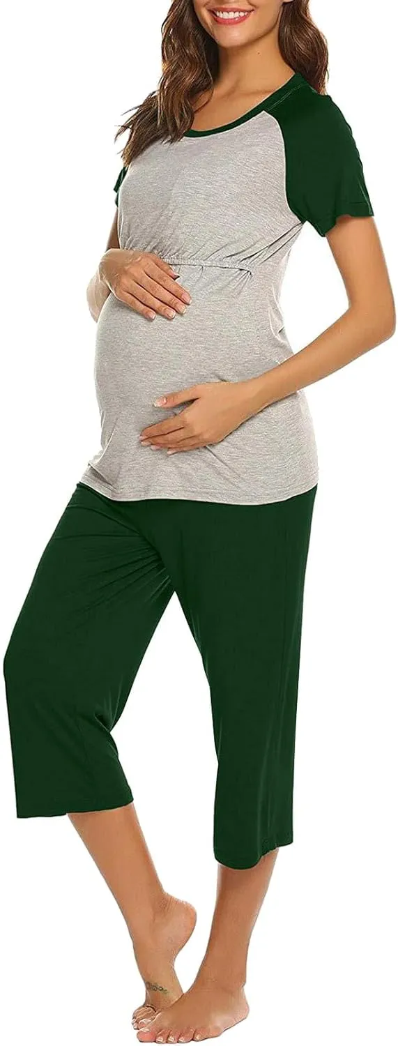 HGps8w Women's Summer Short Sleeve Pajamas Color Block Breastfeeding Nursing Top Capri Pants Sleepwear Soft Pjs Lounge Sets