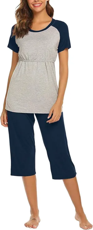 HGps8w Women's Summer Short Sleeve Pajamas Color Block Breastfeeding Nursing Top Capri Pants Sleepwear Soft Pjs Lounge Sets